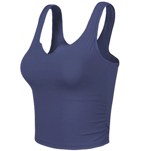 Women's navy blue quick-dry yoga crop top with ruching and V-neckline detail