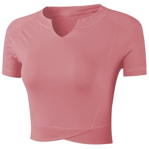 Haut de yoga court séchage rapide avec ourlet croisé en couleur rose poudré