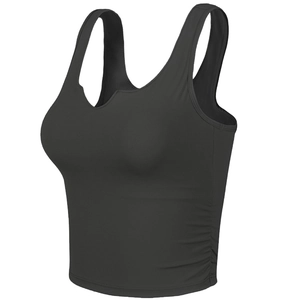 Slim fit dark grey sports tank top with V-notch neckline and side ruching details