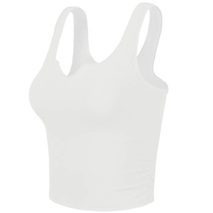 White sleeveless yoga tank top with side ruching and built-in pads for women