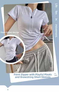 Dettaglio maglia da yoga bianca con coulisse laterale regolabile e zip frontale
