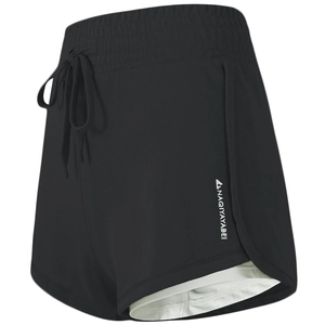 Women's 2-in-1 high waist running shorts with black split layer and white inner liner