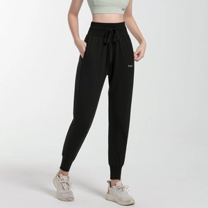 Women's high waist black joggers with drawstring waist and ribbed cuffs for fitness