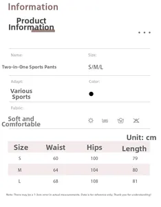 Tabella taglie dettagliata per pantaloni sportivi 2-in-1 con misure S, M, L e dettagli