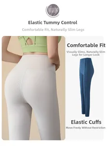 Dettaglio dei pantaloni da yoga a coste a vita alta con effetto push-up e polsini elastici