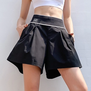 Women's black high-waisted 2-in-1 sports shorts with MB embroidery and side pockets