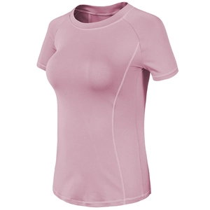 Slim fit women's short sleeve yoga shirt in dusty rose with breathable quick-dry fabric