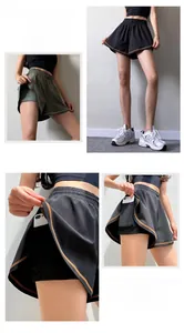 Detail of double-layer running shorts with side phone pocket and elastic waist