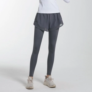Leggings de Sport Femme Taille Haute Faux Deux Pièces Séchage Rapide Respirant Pantalon de Yoga Deux En Un Avec Poches Latérales