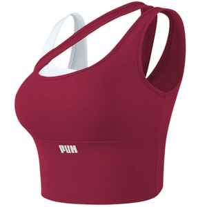 Reggiseno sportivo bordeaux e bianco con logo PUH e design asimmetrico sulla spalla