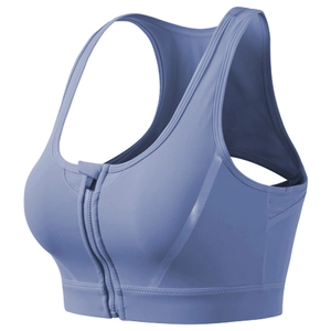 Light blue front zip sports bra with wide straps and racerback design for gym yoga