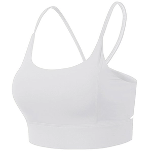 Détail de la brassière de sport blanche avec fines bretelles et dos croisé respirant