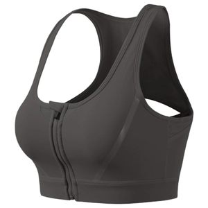 Deep grey front zipper high impact sports bra with racerback design for gym training