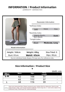 Detailed size chart for women's quick-dry running shorts with model info and measurements