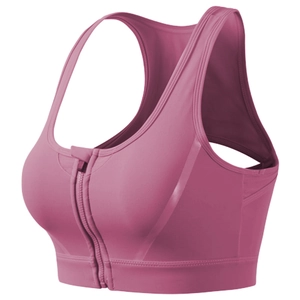 Deep pink front zipper sports bra with racerback design and mesh panels for breathability