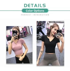 Detail showing pink and black V-neck athletic crop tops with breathable stretchy fabric