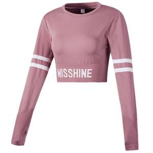 Haut de Yoga Court à Manches Longues et Col Rond pour Femmes T-Shirt de Sport Ajusté avec Passe-Pouce Imprimé Lettre Rayures Contrastées