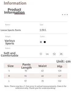 Detailed size chart for women's high waist quick dry running pants showing S M L dimensions