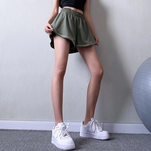 Breathable olive green 2-in-1 running shorts for women with elastic high waistband