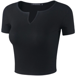 Women Ribbed V-Notch Crop Top Short Sleeve Slim Fit Yoga T-Shirt Quick Dry Breathable Sporty Athletic Gym Workout Top