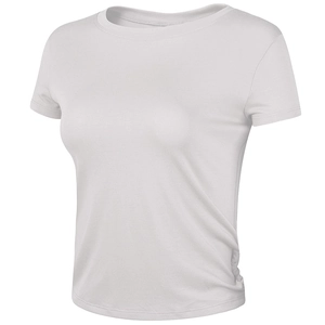 Detailed view of white slim-fit athletic cropped T-shirt with subtle side ruching detail
