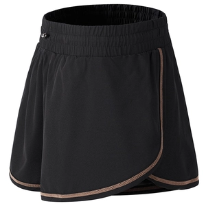 Women's 2-in-1 black running shorts with brown trim and elastic waistband for yoga