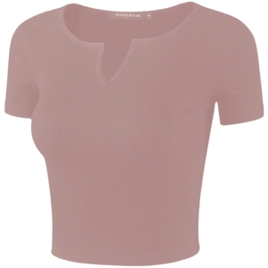 Women's slim fit V-neck cropped yoga shirt in dusty rose pink with ribbed texture