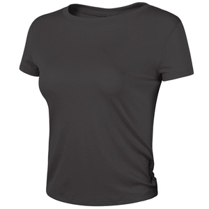Slim fit dark grey sports crop top for women with crew neck and side drawstring detail