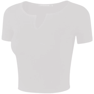 Slim fit white ribbed yoga crop top with V-cut neckline and breathable short sleeves