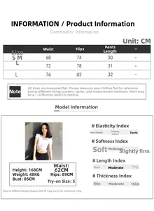 Size chart for high-waisted quick-dry yoga shorts showing S to L measurements and guide