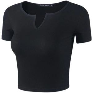 Slim fit black ribbed short sleeve yoga shirt with notch neckline and handmade tag