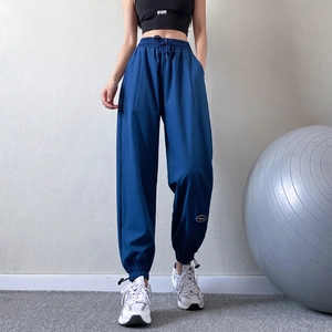 Women's high waist quick-dry joggers with drawstring and cuffed ankles in navy blue