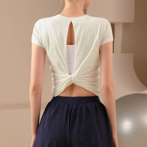 Women Sexy Backless Yoga T-Shirt Slim Fit Short Sleeve Sports Top Bamboo Fiber Breathable Fitness Gym Workout T-Shirt
