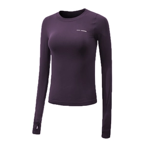 Slim fit dark purple athletic long sleeve shirt with thumb holes and breathable fabric