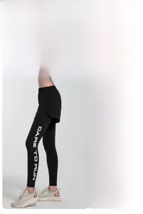 Detailed view of high waist layered yoga leggings with white DARE TO RUN lettering print