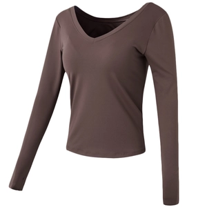 Women V Neck Long Sleeve Yoga Top Slim Fit Breathable Gym Workout Shirt With Built In Chest Pads Athletic Pullover Top