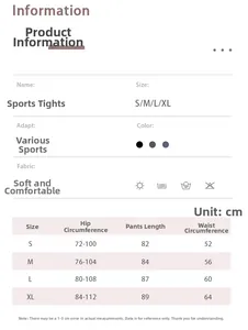 Tabella delle taglie per leggings da yoga donna con misure di vita e fianchi in cm