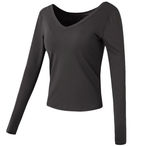 Slim fit V-neck black long sleeve sports top for yoga and fitness with elastic fabric