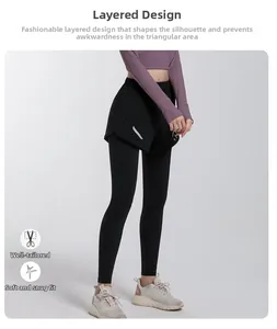Detail view of high waist 2-in-1 yoga pants featuring black compression leggings and shorts