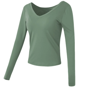 Slim fit long sleeve yoga top with V-neck and built-in pads in soft bean green