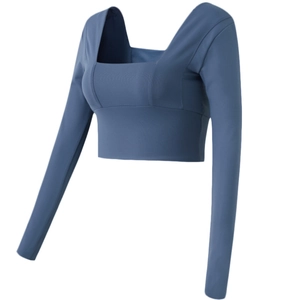 Crop Top de Yoga à Manches Longues avec Col Carré pour Femmes Sexy Respirant Élastique Coupe Ajustée Fitness Musculation Sport T-Shirt