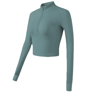 Slim fit sage green half-zip crop top with thumbholes for yoga and running sports