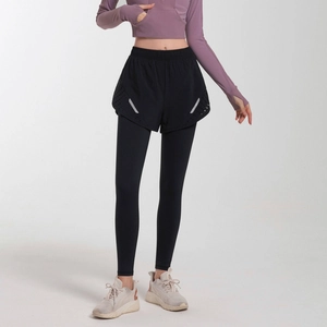 Women High Waist Yoga Leggings Polyester Elastic Tummy Control Fake Two-Piece Sports Pants Quick Dry Breathable Bottom