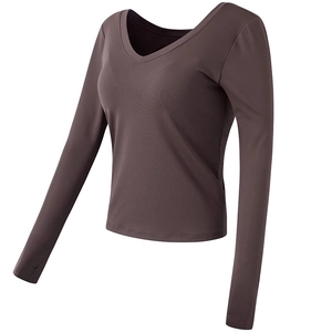 Deep V-neck slim fit athletic long sleeve yoga top with thumbholes in cocoa brown