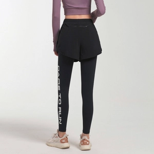 Women's black high-waisted 2-in-1 leggings with DARE TO RUN print and zipper pocket