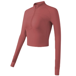 Slim fit half-zip long sleeve running crop top in dusty rose pink with thumbholes
