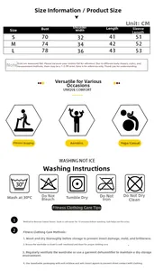 Tableau des tailles détaillé pour haut de yoga extensible avec mesures S M L et conseils de lavage