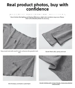 Détails du haut de sport gris en maille côtelée montrant le col en U et les poignets