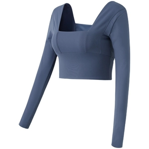Haut court sport bleu marine à manches longues et col carré pour yoga et entraînement