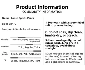 Detailed size guide and washing care instructions for women's athletic loose cargo pants